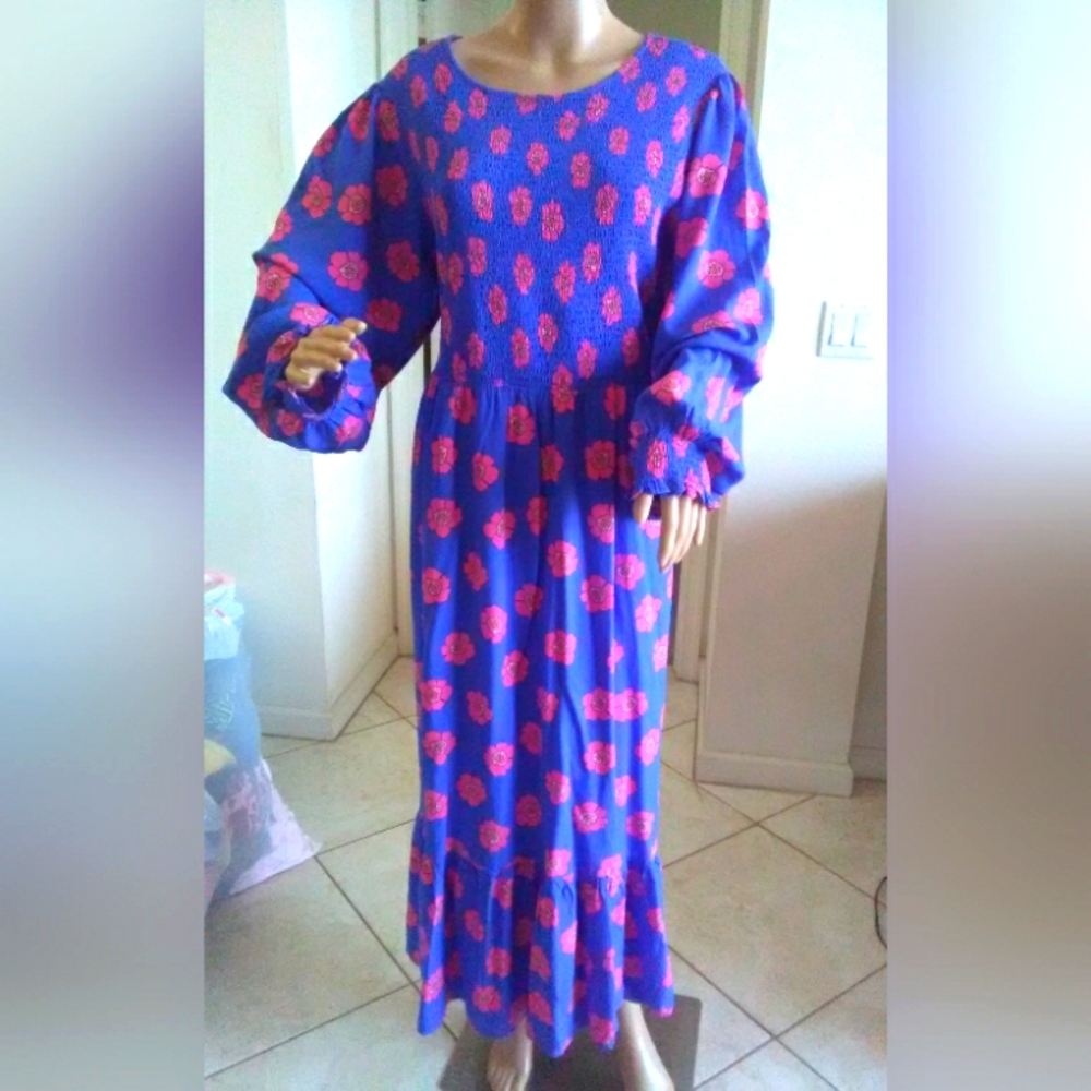 BNWOT MAXI DRESS BY ANORAK SZ. BOLD BLUE/ PINK FLOWERS LONG SLEEVE PKTS